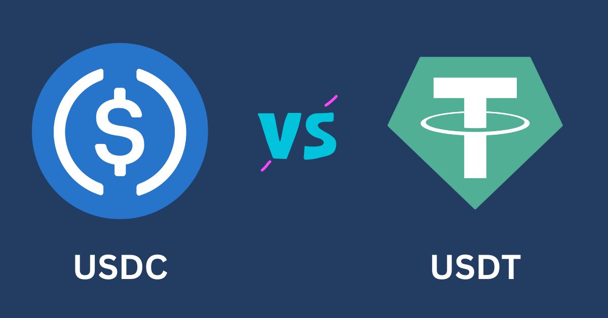 An illustration comparing two stablecoins: USDC and USDT. The USDC logo is on the left side of the image while USDT logo is on the right. The two logos are separated by a versus symbol.