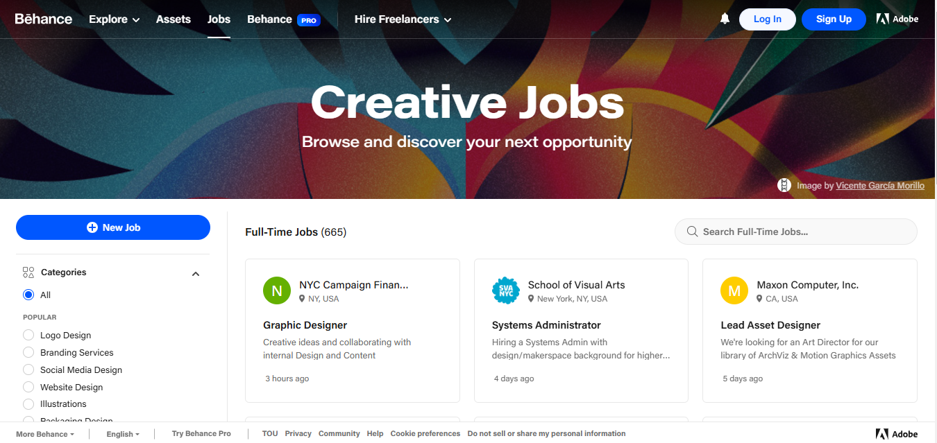 Screenshot of Behance job board where graphic designers can find online jobs that pay daily.