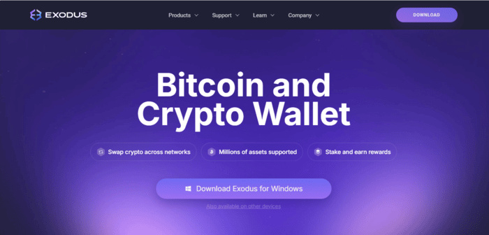 Exodus wallet's website homepage where crypto beginners can download the crypto wallet on windows and other devices. 