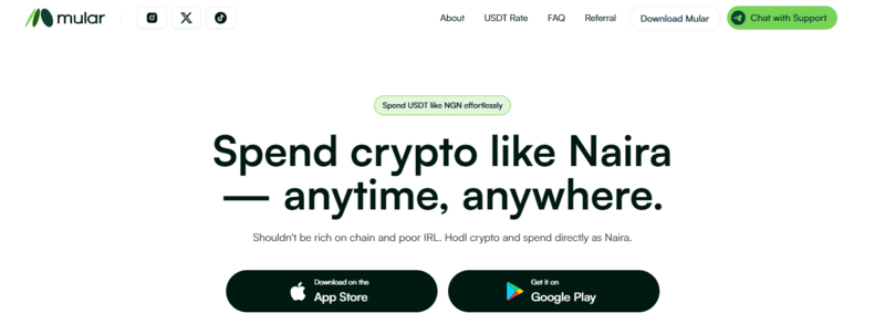 Mular's website homepage where Nigerian crypto newcomers can download the mobile app on App store or Google Play to access their cryptocurrency wallet.