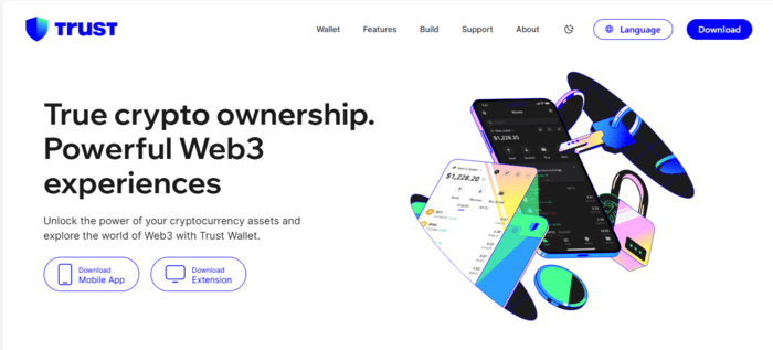 Trust wallet's website homepage where crypto users can download the mobile app or desktop extension to access the cryptocurrency wallet.