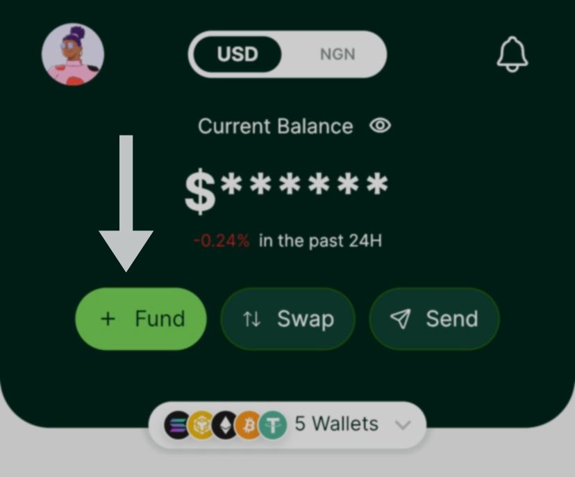 Screenshot showing how users can fund their crypto wallet om Mular so they can pay with crypto.