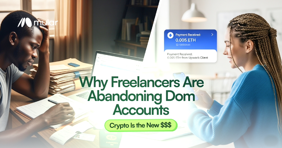 split-screen image showing over-the shoulder view of a frustrated Nigerian freelancer dealing with multiple complicated bank forms, fees and protocols vs. happy freelancer using a simple crypto wallet with an alert bubble showing a payment received from an Upwork client